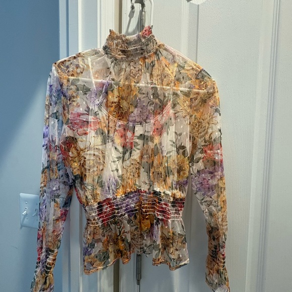 Tops - Sheer Floral Smocked Neck Blouse - Multicolor Floral
